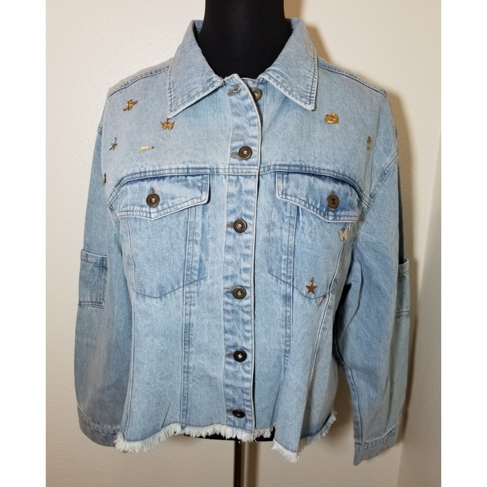 Indulge in Blue Womens 3X Denim Jacket Raw Hem Charms Grunge Festival Biker NWT